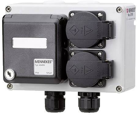 'Gniazdo przemysłowe MENNEKES, typ 4346, z dwoma czarnymi gniazdami i obudową w kolorze białym, IP44.'