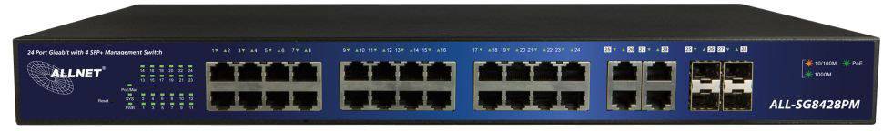 Widok z przodu switcha sieciowego z 24 portami Ethernet oraz dodatkowymi portami uplink, z widoczną nazwą marki i numerem modelu.