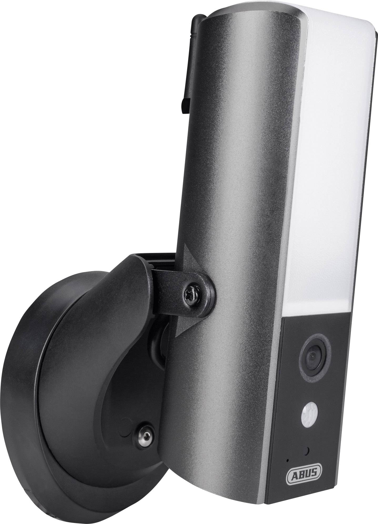 Czarno-srebrna kamera monitorująca do zastosowań zewnętrznych, zamontowana na uchwycie ściennym, wyposażona w zintegrowaną lampkę LED.