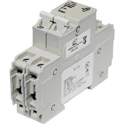 Biały elektryczny wyłącznik mocy z przełącznikami i oznaczeniami na górnej i bocznej powierzchni.