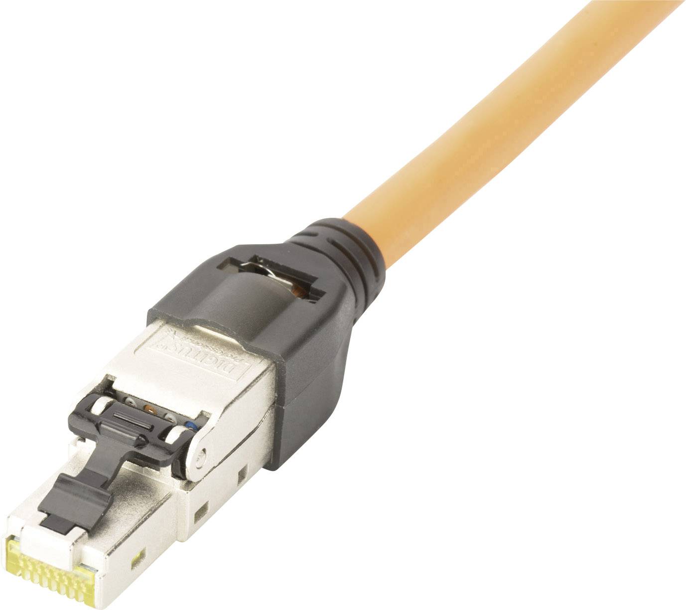 Pomarańczowy kabel sieciowy z metalowym wtykiem, przeznaczony do podłączenia urządzeń sieciowych.