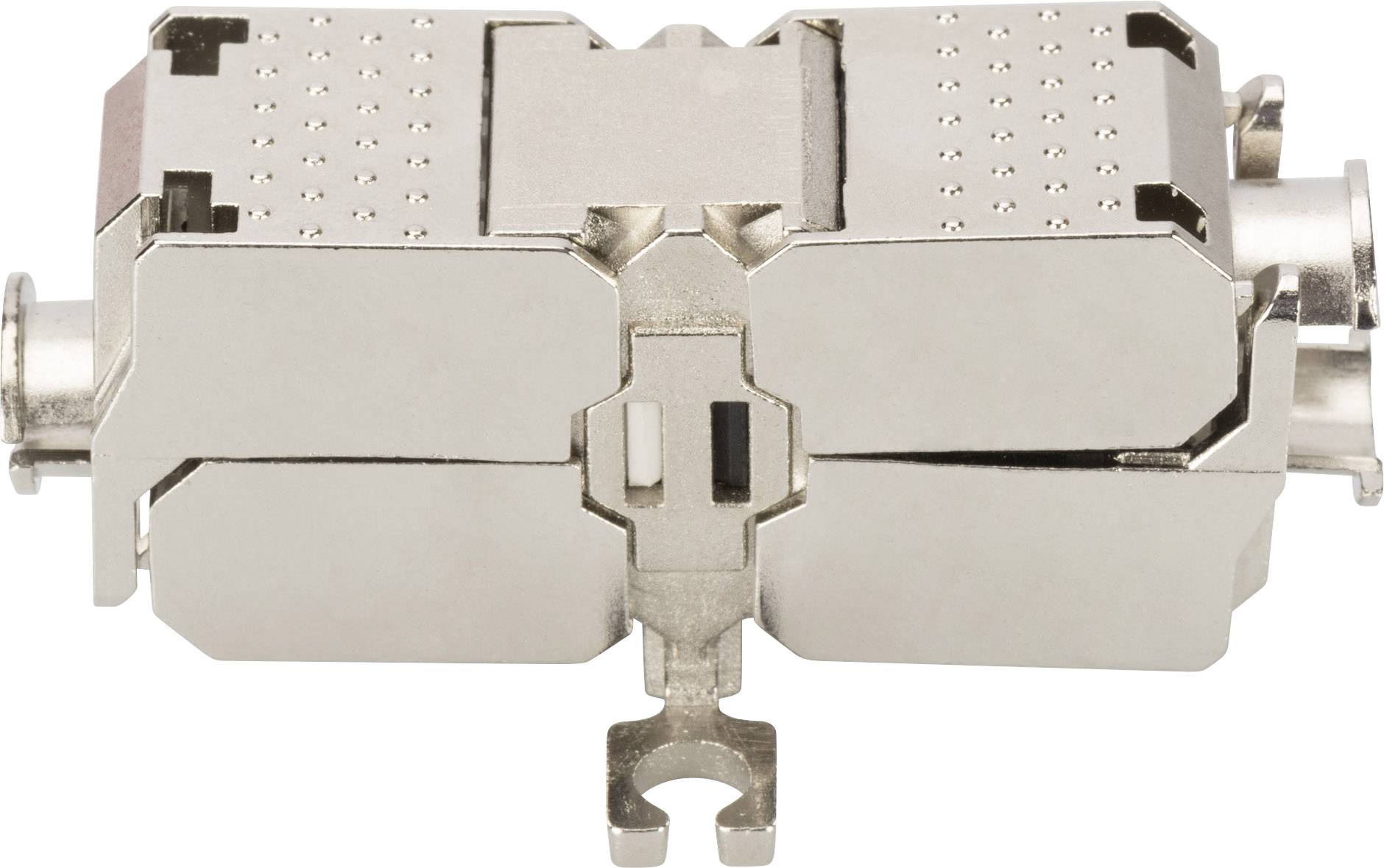 Metalowy adapter w srebrnym kolorze, prawdopodobnie złącze współosiowe z dwiema złączkami do celów połączeniowych.