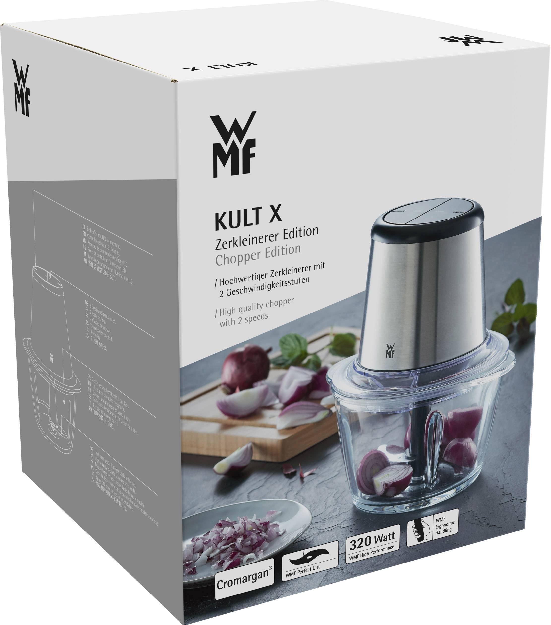 Opakowanie rozdrabniacza marki WMF. Model 'KULT X' o mocy 320 W, z dwoma poziomami prędkości. Zawiera ilustrację urządzenia z posiekanymi cebulami.