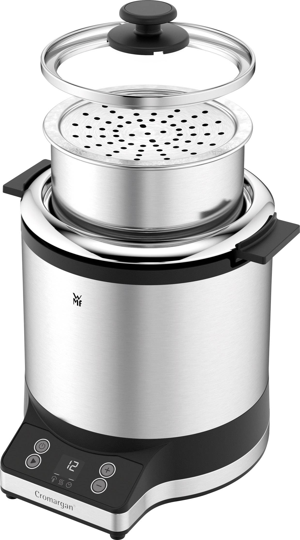 Elektryczny jajowar ze stali nierdzewnej z wkładem do gotowania na parze, wyświetlaczem cyfrowym i elementami sterującymi z przodu.