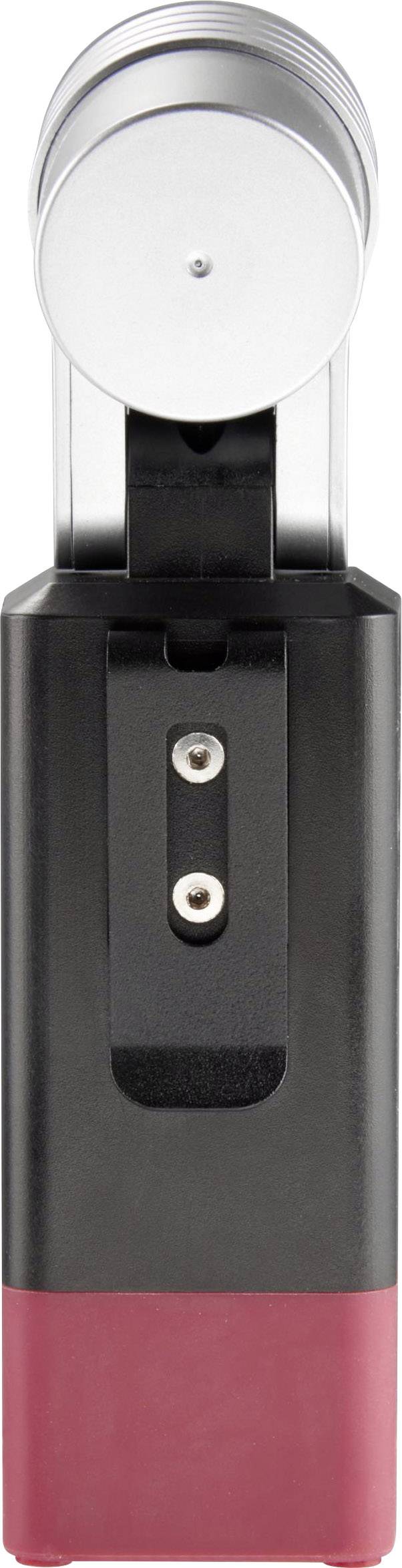 Obraz przedstawia urządzenie mechaniczne z srebrną, cylindryczną głowicą oraz czarnym, prostokątnym korpusem z czerwonymi elementami.