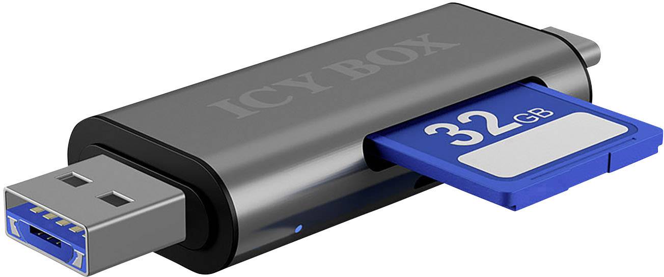Czytnik kart USB z włożoną kartą SD o pojemności 32 GB. Nazwa marki widoczna na urządzeniu.