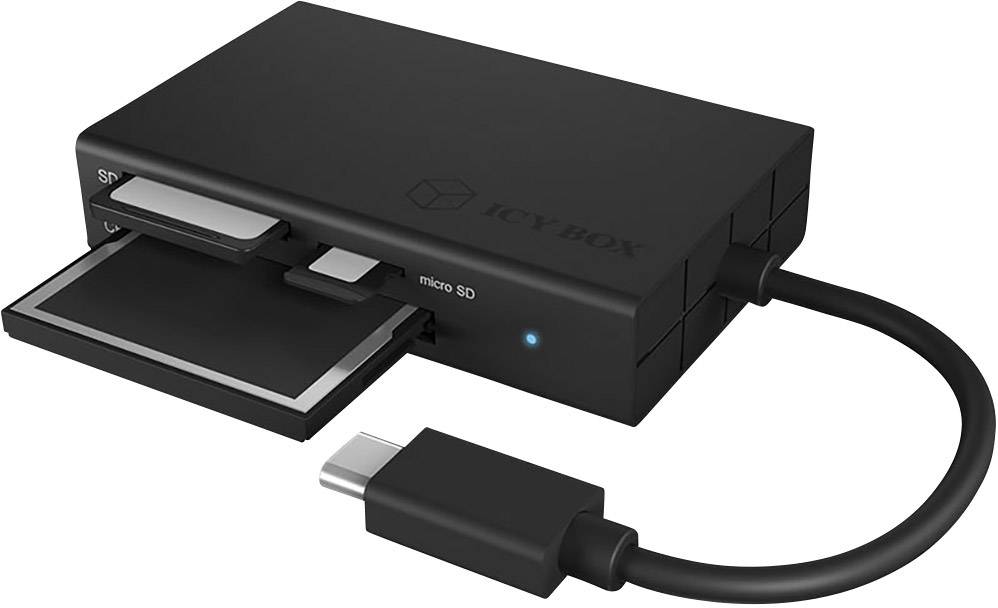 Czarny czytnik kart z wieloma gniazdami jest wyposażony w przewód zakończony wtyczką USB-C, przystosowany do obsługi różnych nośników pamięci.