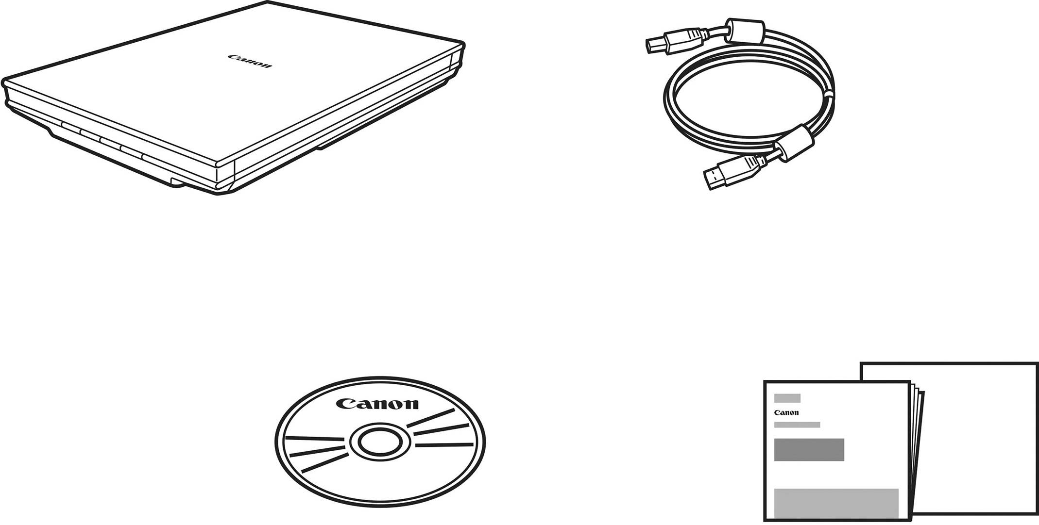 Skaner Canon, kabel USB, płyta CD z sterownikami oraz instrukcja obsługi. Prezentacja elementów wyposażenia dodatkowego dostarczonych wraz ze skanerem.