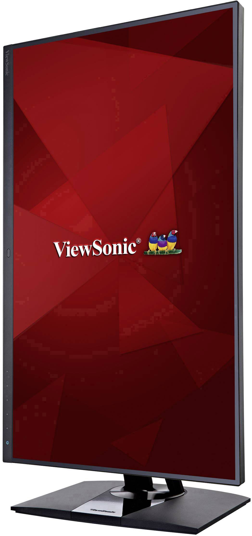 Uchylny monitor LED firmy ViewSonic w orientacji pionowej z czerwonym tłem ekranu i kolorowym logo.
