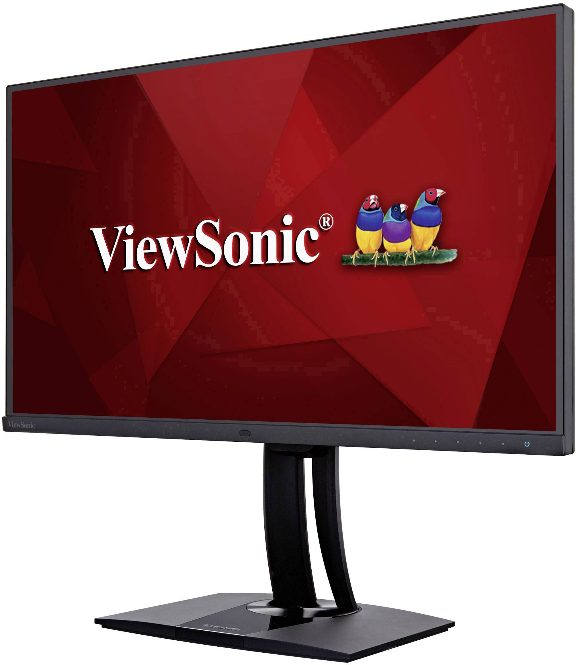 Monitor z napisem 'ViewSonic' i trzema kolorowymi ptakami na czerwonym tle.