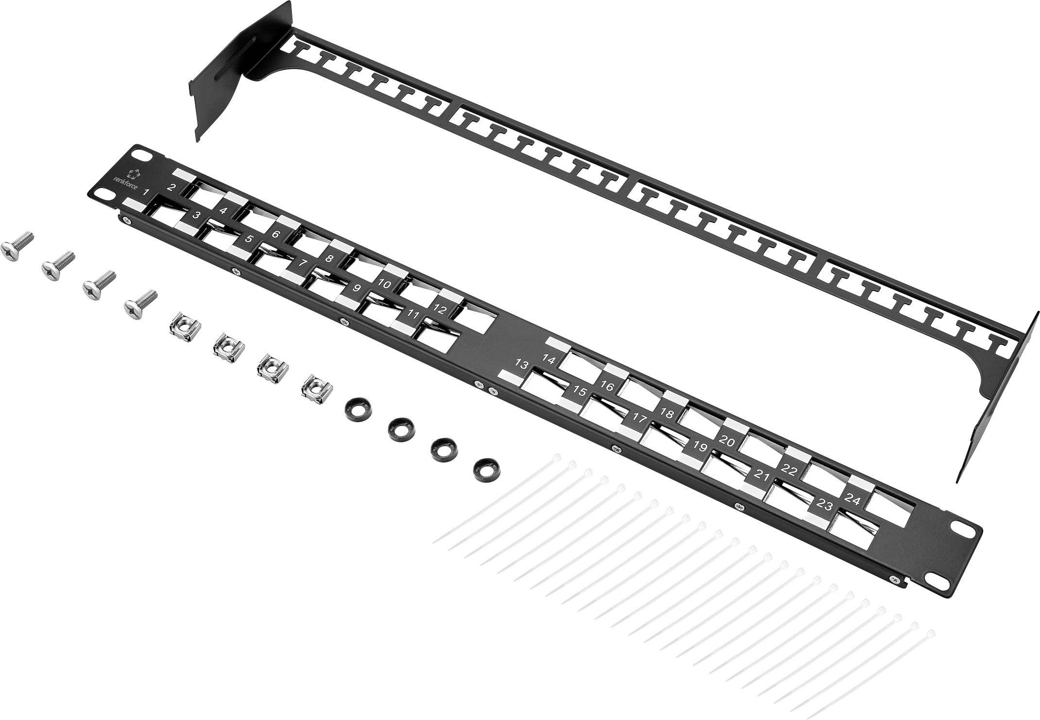 Czarna płyta przyłączeniowa (patch panel) z 24 portami, ponumerowana od 1 do 24, wraz ze śrubami i materiałami montażowymi, na białym tle.