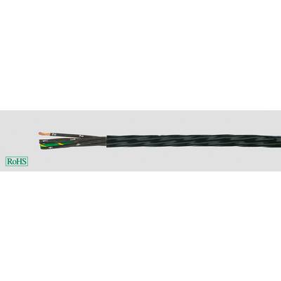 Czarny kabel z trzema wystającymi przewodami, jeden z nich w biało-żółte paski; logo zgodności z RoHS w lewym dolnym rogu.