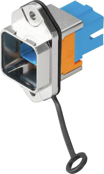 Złącze z metalową obudową oraz niebieskimi i pomarańczowymi elementami z tworzywa sztucznego, prezentujące zamontowaną uszczelkę gumową.