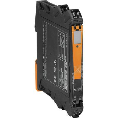 Czarno-pomarańczowe urządzenie elektroniczne, prawdopodobnie przetwornik sygnału, z technicznym oznakowaniem i wieloma złączami.