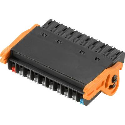 Czarna elektryczna wtyczka z pomarańczowymi elementami, używana do łączenia przewodów w zastosowaniach elektrycznych lub elektronicznych.