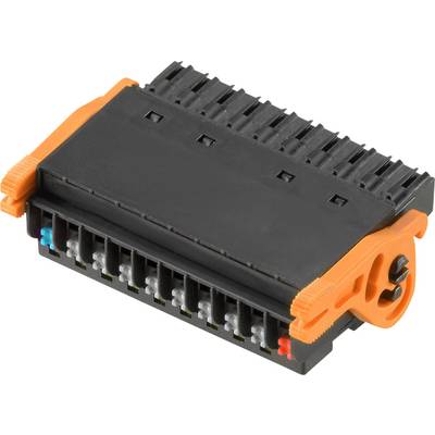 Czarny, prostokątny złącz z pomarańczowymi zaciskami i wieloma przyłączami, przeznaczony do połączeń elektrycznych.
