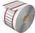 Duża rolka z srebrnymi paskami metalicznymi i czerwonymi akcentami, która wygląda przemysłowo lub komercyjnie, prawdopodobnie przeznaczona do celów opakowaniowych.