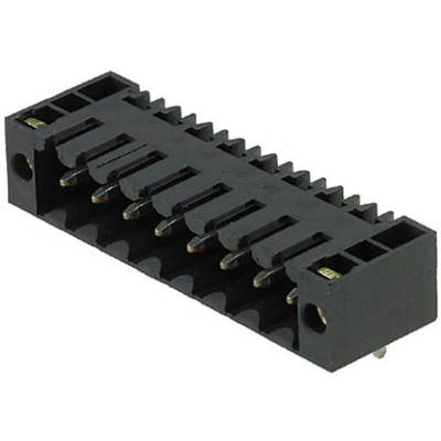 Czarny, prostokątny elektryczny złącz z wieloma metalowymi stykami wystającymi od spodu.