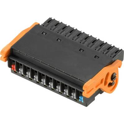 Widok czarno-pomarańczowego złącza wielostykowego, odpowiedniego do urządzeń elektronicznych.
