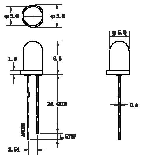 Schemat obudowy diody LED z wymiarami w milimetrach: średnica górna 5,8, wysokość całkowita 8,6, długość pinów 25,4, rozstaw pinów 2,54.