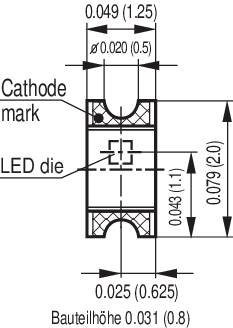 Elektroniczny rysunek szczegółowy diody LED z wymiarami: długość 1,25 mm, szerokość 0,625 mm, wysokość 0,8 mm. Oznaczenie katody i chipa LED.