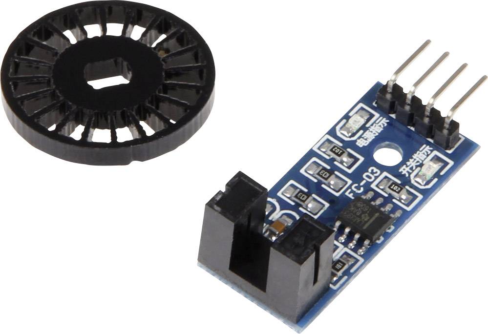 Elektroniczny czujnik podczerwieni FC-03 oraz kodowane plastikowe koło do pomiaru prędkości obrotowej w mechanizmach robotycznych lub pojazdach.