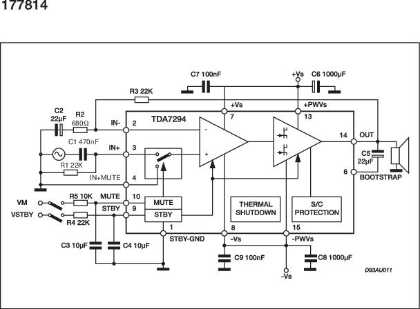 Elektroniczny schemat połączeń wzmacniacza z użyciem TDA7294. Elementy i ich połączenia są przedstawione szczegółowo, w tym rezystory, kondensatory oraz napięcia zasilające.