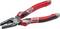 Czerwone szczypce uniwersalne z antypoślizgowymi uchwytami i ząbkowanymi szczękami, odpowiednie do chwytania i cięcia w branżach rzemieślniczych i technicznych.