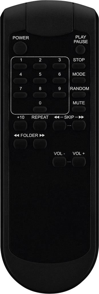 Czarna pilot zdalnego sterowania z przyciskami numerycznymi, regulacji głośności, odtwarzania, pauzy oraz innymi funkcjami multimedialnymi.