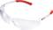 Przezroczyste okulary ochronne z czerwonymi zausznikami leżą na białej powierzchni.