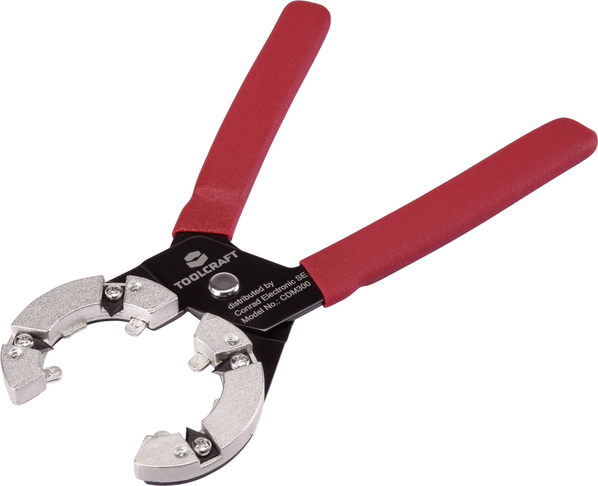 Szczypce z czerwoną rękojeścią i srebrną głowicą, odpowiednie do chwytania i unieruchamiania okrągłych przedmiotów.