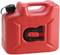 Czerwony karnister na benzynę z czarną zakrętką i zintegrowaną rurką do napełniania z boku. Idealny do przechowywania paliwa.