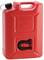 Czerwony, prostokątny 20-litrowy kanister z czarną pokrywą i wbudowanym wężem po stronie.