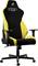 Czarno-żółty fotel gamingowy z regulowanymi podłokietnikami i tapicerowanym oparciem, idealny do długotrwałego siedzenia.