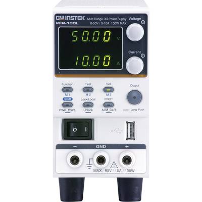 Zasilacz laboratoryjny GW Instek Multi Range DC PFR-100L, wyświetlający napięcie 50,00V i prąd 10,00A, z wieloma funkcjami i złączami.