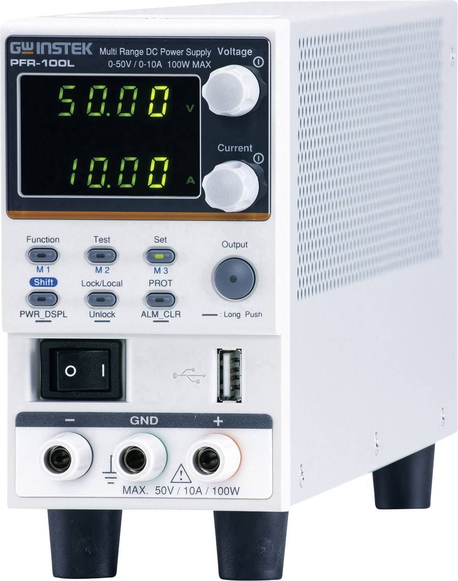 Wielozakresowe zasilacz prądu stałego z wyświetlaczem pokazującym 50,00 V i 10,00 A, model PFR-100L firmy GW Instek.
