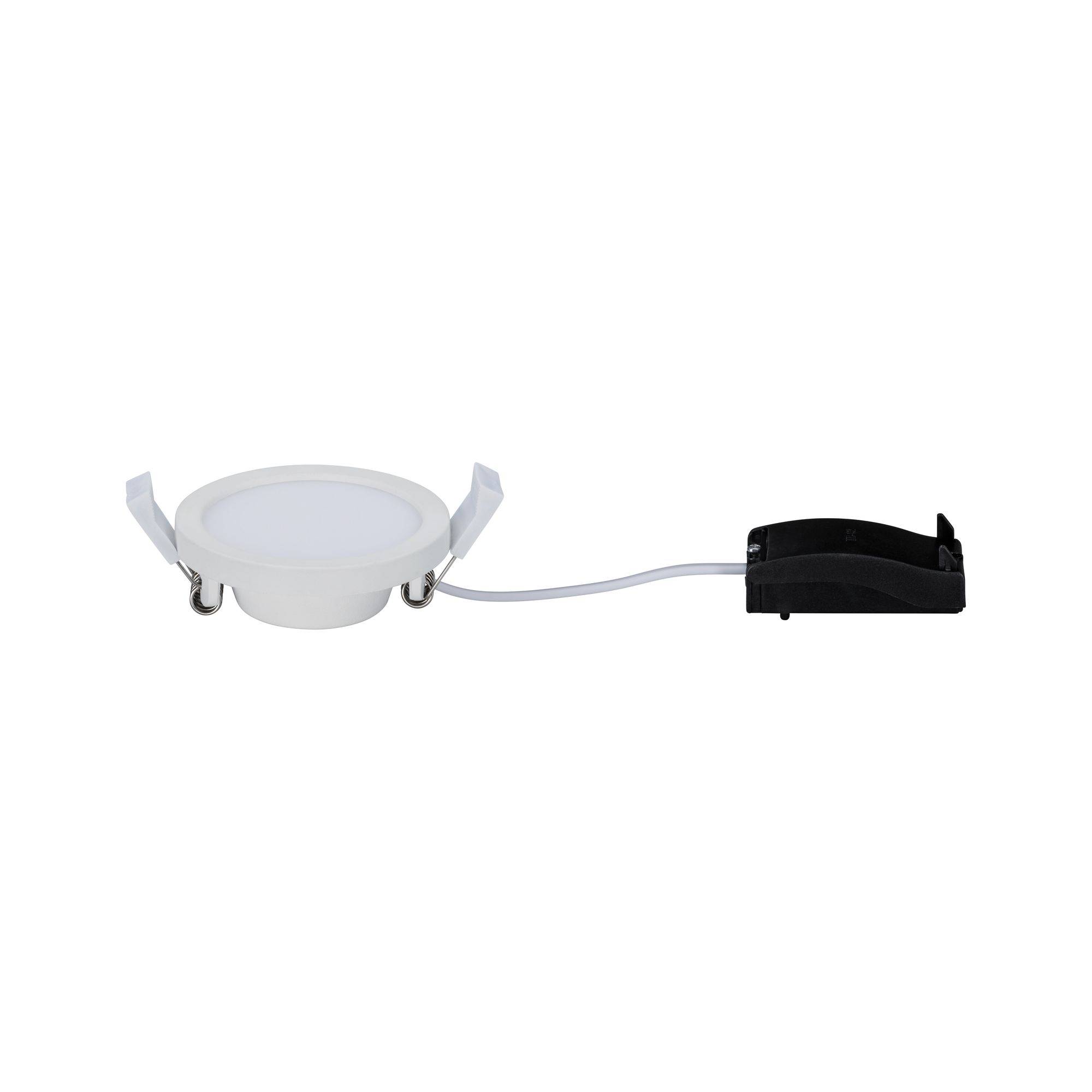 Biała lampa LED do zabudowy z okrągłą ramką i dwoma zaciskami mocującymi, połączona kablem z czarną skrzynką zasilającą.
