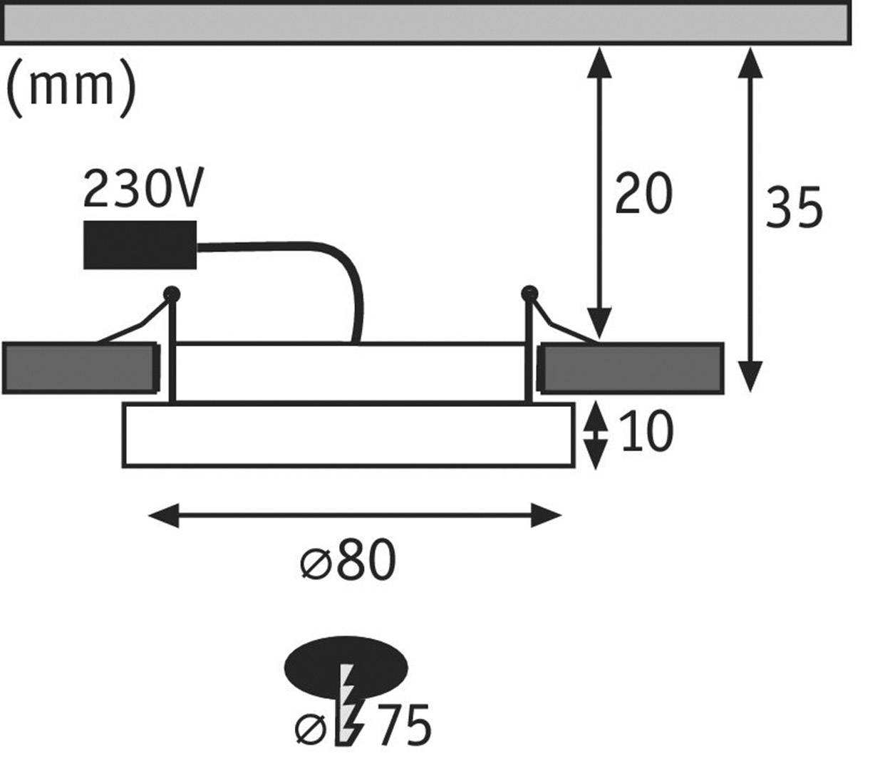 Rysunek techniczny instalacji lamp z wymiarami w mm: 35 całkowita wysokość, 20 od sufitu do lampy, 10 wysokość lampy, 80 średnica mocowania. Napięcie: 230V.