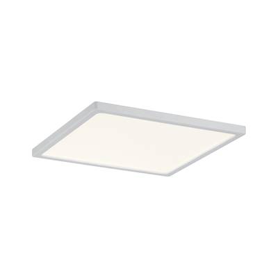 Kwadratowa, płaska lampa sufitowa LED z białą ramą, emitująca rozproszone, ciepłe białe światło.