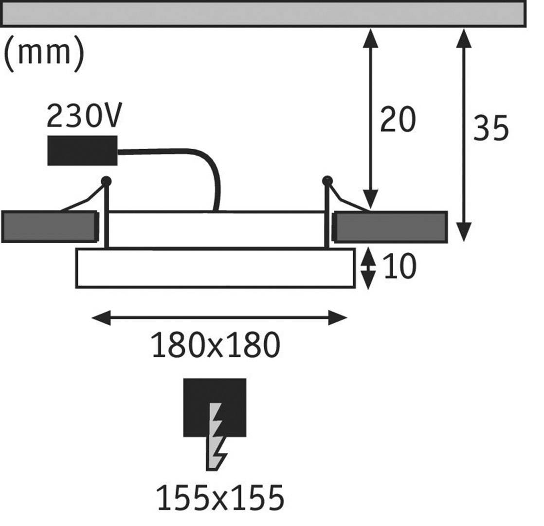 Rysunek techniczny instalacji elektrycznej z wymiarami. Przyłącze 230V; odległości: 20 mm i 35 mm od górnej krawędzi. Wymiary: 180x180 mm, 155x155 mm.