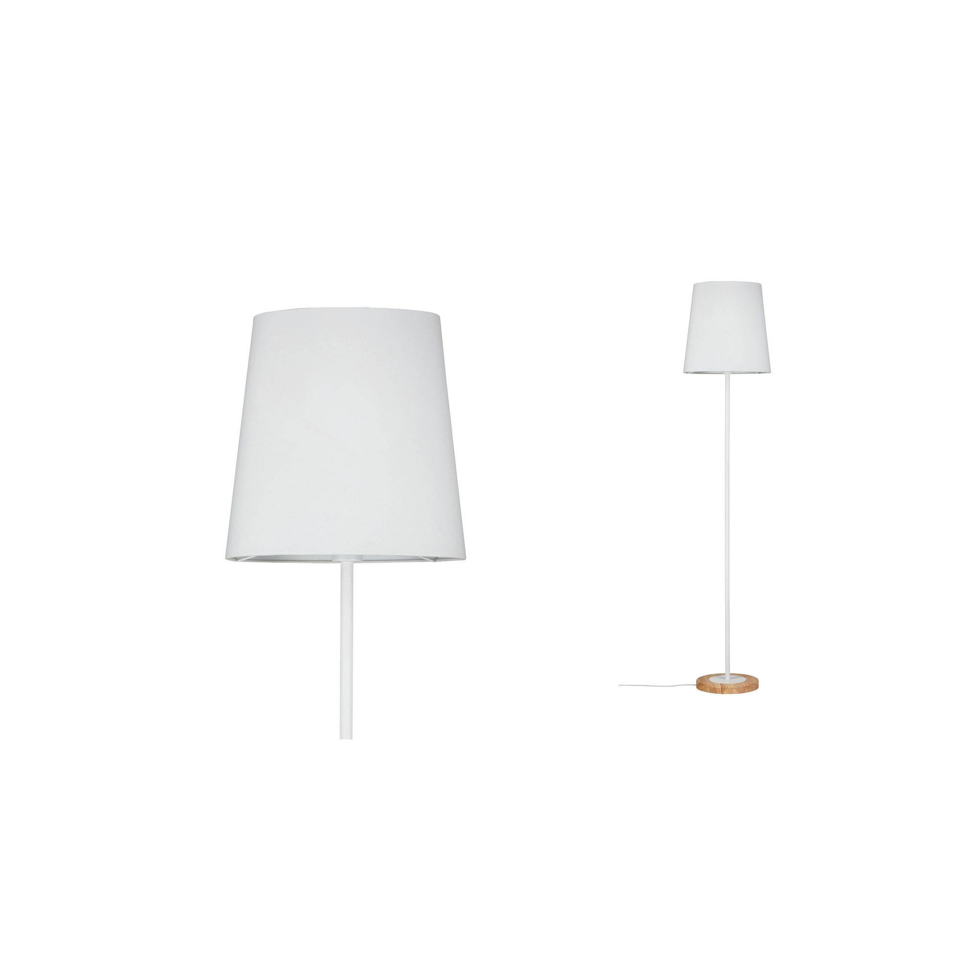 Biała lampa stojąca o prostym, nowoczesnym designie z okrągłą drewnianą podstawą. Idealna do salonu lub przestrzeni biurowej.