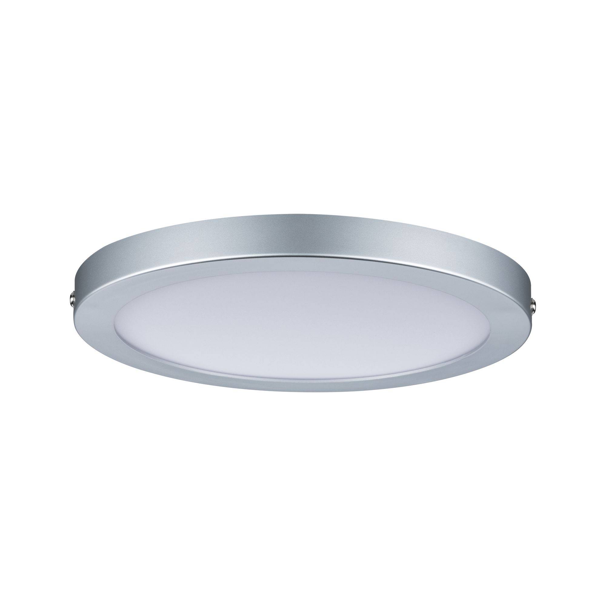 Okrągła lampa sufitowa LED z srebrną ramą, idealna do nowoczesnych przestrzeni mieszkalnych.