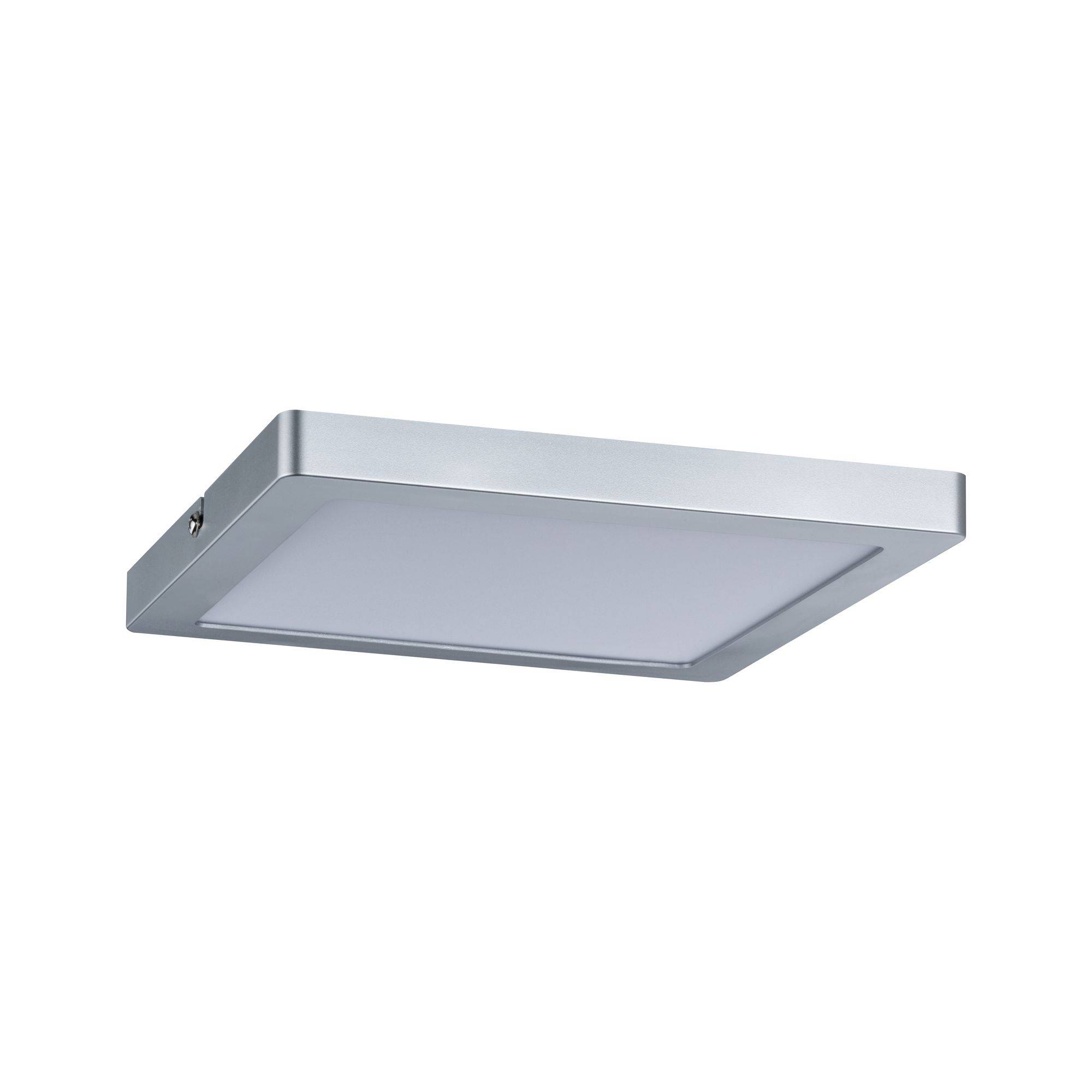 Kwadratowa lampa sufitowa z srebrną ramą, odpowiednia do nowoczesnych wnętrz.