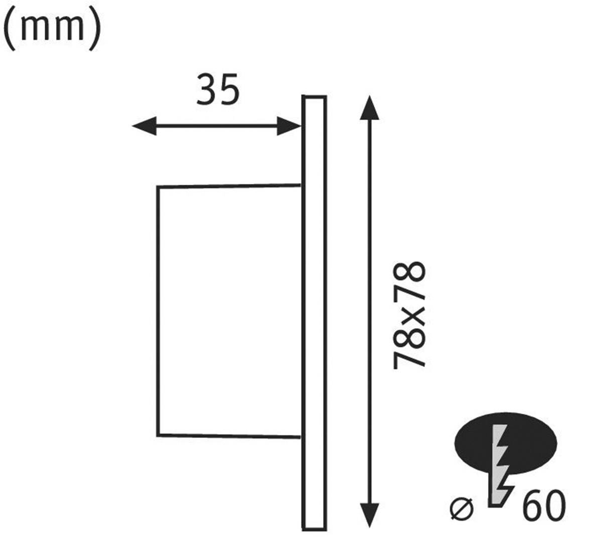 Rysunek wymiarowy obiektu kwadratowego o wymiarach 35 mm głębokości oraz powierzchni 78x78 mm, średnica 60 mm. Symbol błysku.