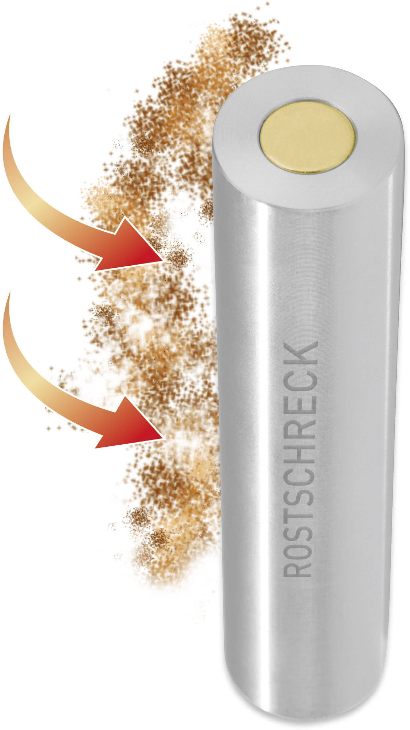 Metalowy cylinder z napisem 'Strach na rdzę', otoczony unoszącą się rdzą. Dwa strzałki wskazują od rdzy w kierunku cylindra.