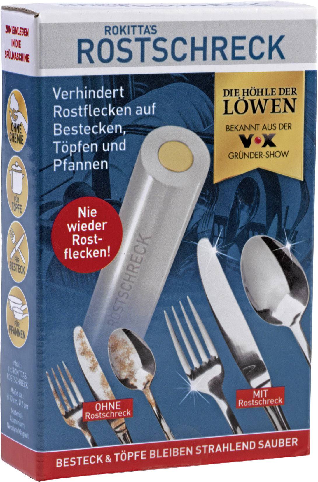 Mężczyzna w garniturze trzyma scyzoryk. Tekst opisuje go jako 'Założyciel: Oliver Rokitta', powiązany z programem telewizyjnym i jego wynalazkiem do rozwiązania problemu rdzy.