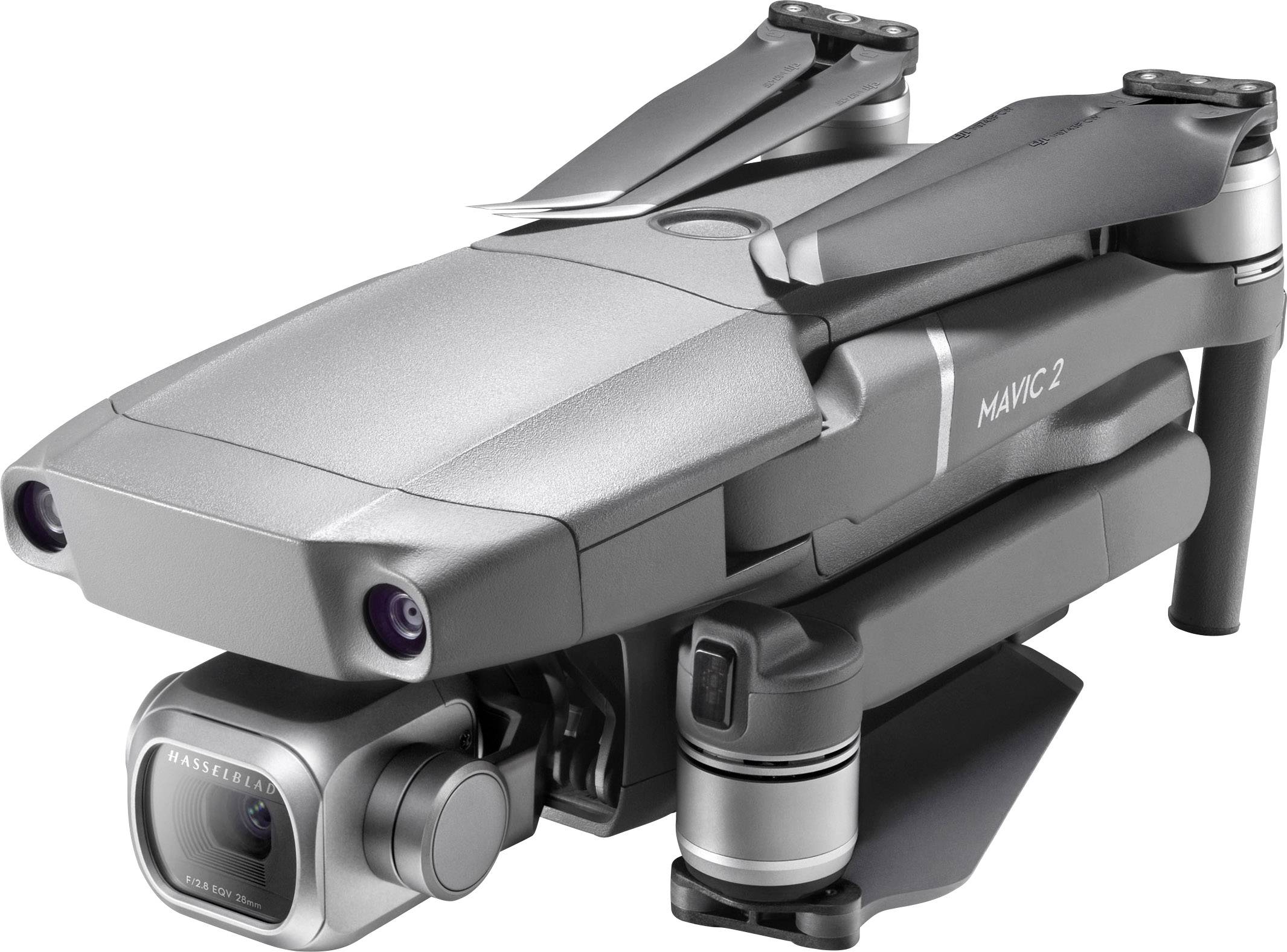 Szara dron z kamerą, model 'Mavic 2', na białym tle.