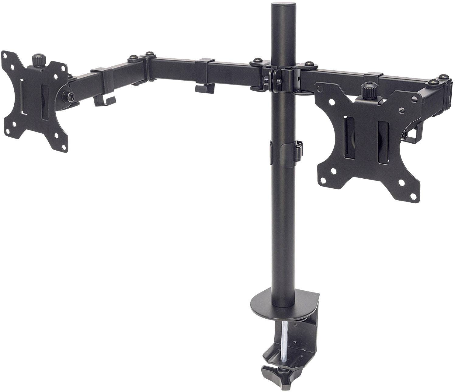 Dwustopniowy uchwyt na monitor z czarnego metalu, odpowiedni do biurek, z regulowanymi ramionami i zaciskiem mocującym.