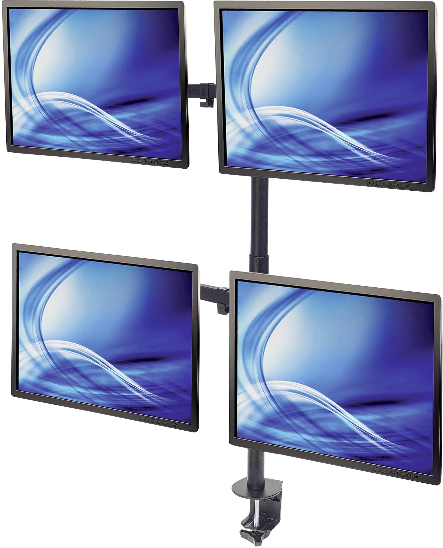 Cztery monitory są zamocowane na pionowym stojaku, wyświetlając identyczne niebieskie wzory falowe. Monitory są ustawione prostopadle względem siebie.