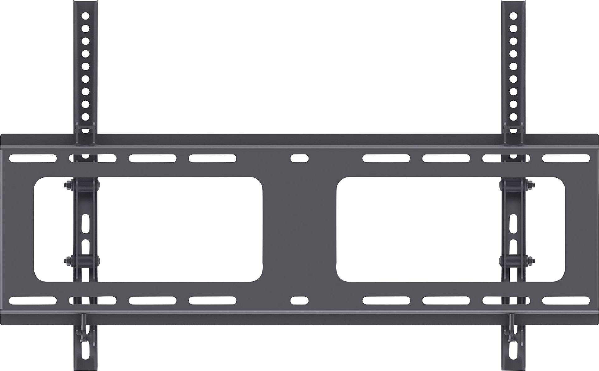 Metalowa ścienna podstawa pod telewizor z wieloma otworami i szynami montażowymi, przeznaczona do zamocowania na ścianie i podtrzymania ekranu.